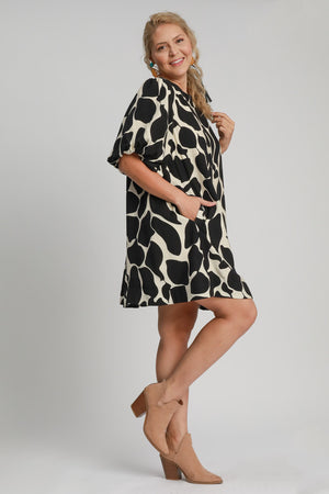Two Tone Abstract Print Puff Sleeve Dress Plus Size