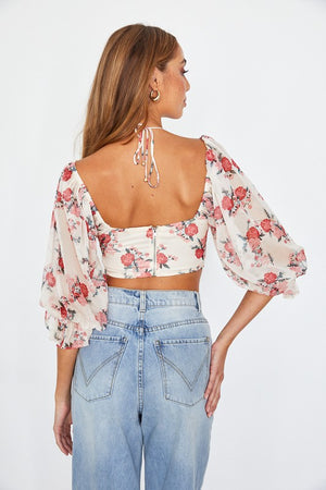 Floral Print Chiffon Balloon Sleeved Bustier Crop Top