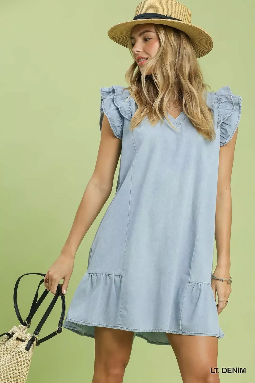 Umgee Chambray Ruffled Denim Dress with Side Pockets Umgee Chambray Ruffled Denim Dress with Side Pockets