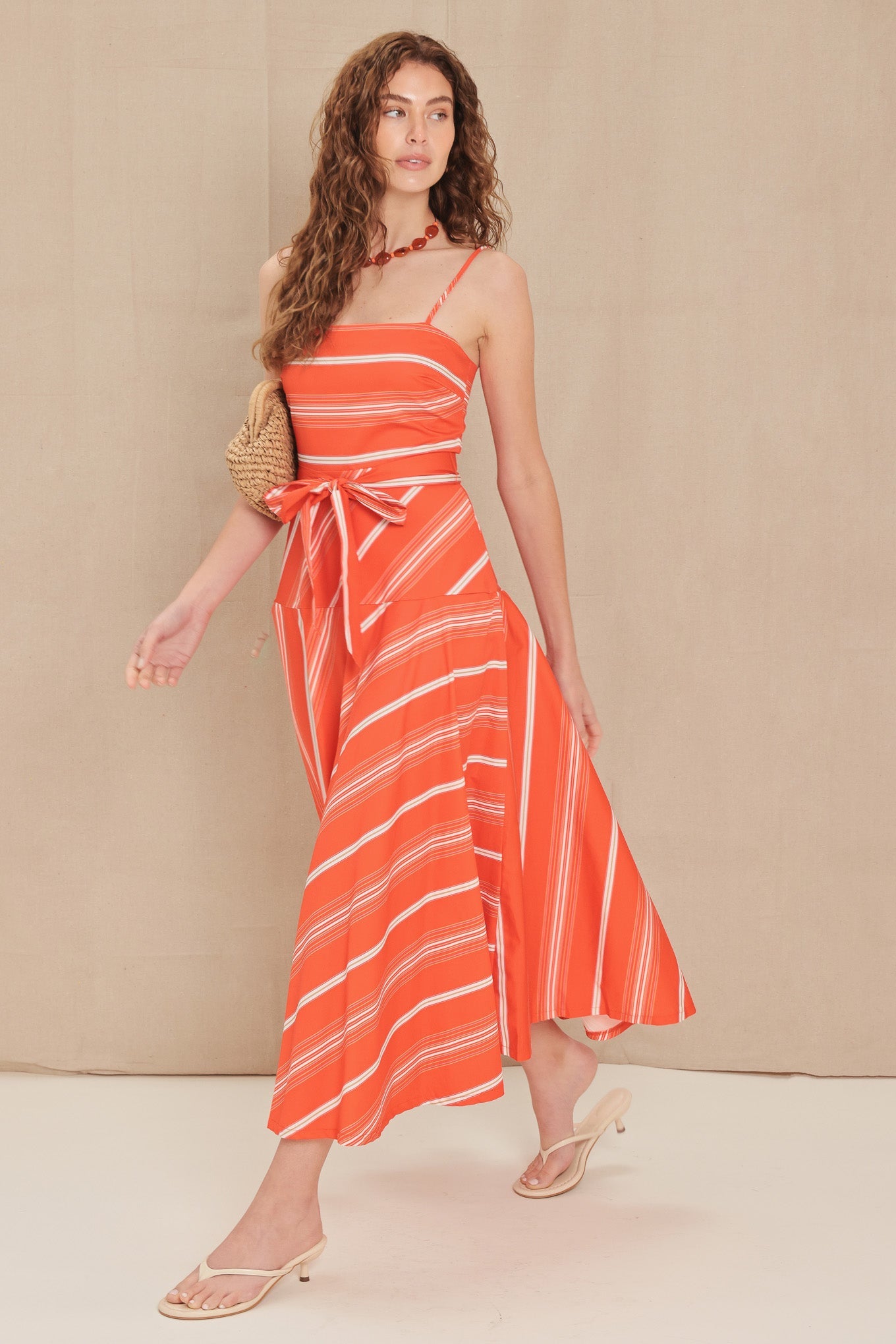 Sweet Escape Stripe Woven Midi Dress - Navy or Tomato Red