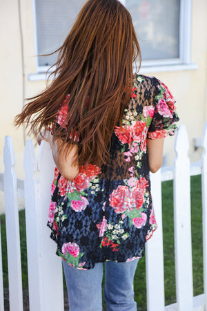 Diva Dreams Black Multicolor Floral Crochet Flutter Sleeve Top