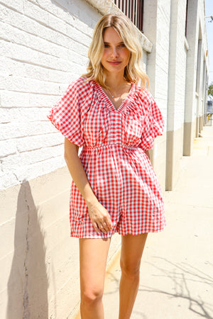Festival Ready Cotton Red Checker Elastic V Neck Romper
