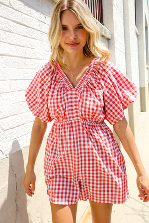 Festival Ready Cotton Red Checker Elastic V Neck Romper
