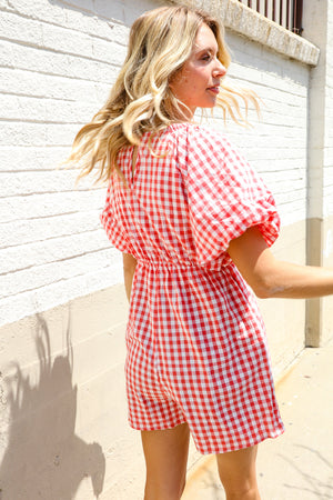 Festival Ready Cotton Red Checker Elastic V Neck Romper