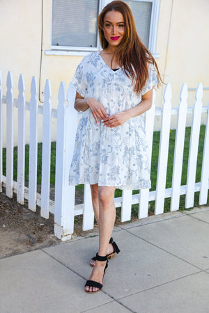 Vintage Vibes Ivory Blue Floral Print V Neck Dress