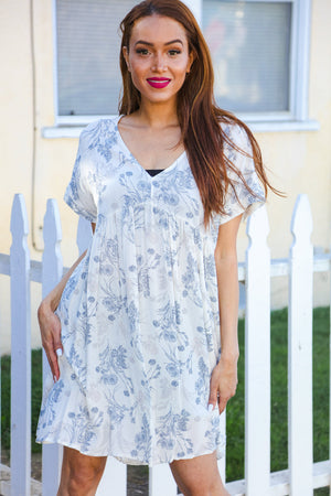Vintage Vibes Ivory Blue Floral Print V Neck Dress