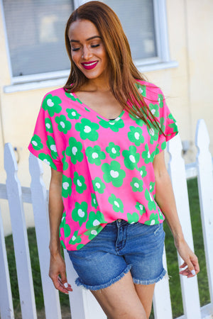 Spring Vibes Pink & Green Flower Print V Neck Short Sleeve Top