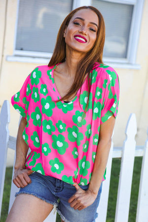 Spring Vibes Pink & Green Flower Print V Neck Short Sleeve Top