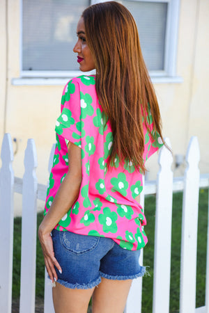 Spring Vibes Pink & Green Flower Print V Neck Short Sleeve Top