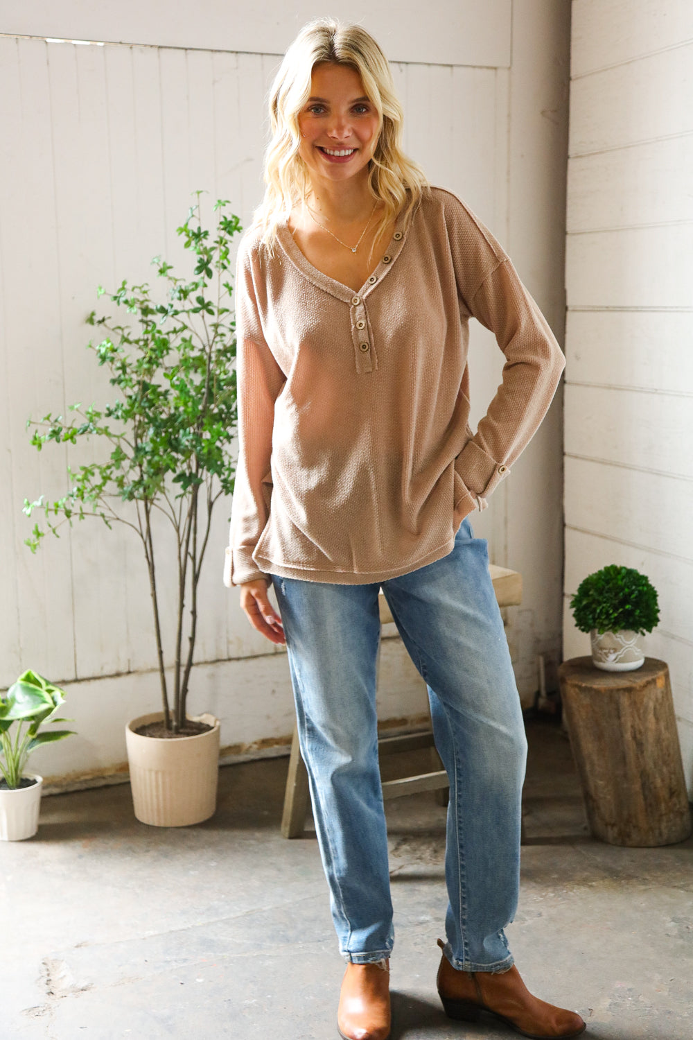 Casual Living Brown Henley Cuff Sleeve Side Slit Pullover