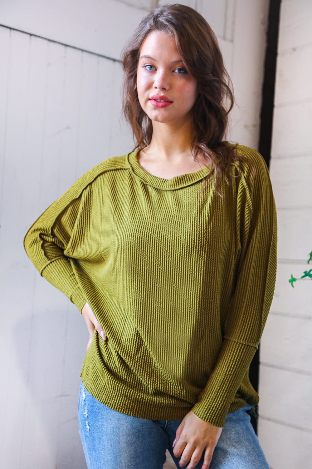 Meet You at the Bookstore Olive Ribbed Long Sleeve