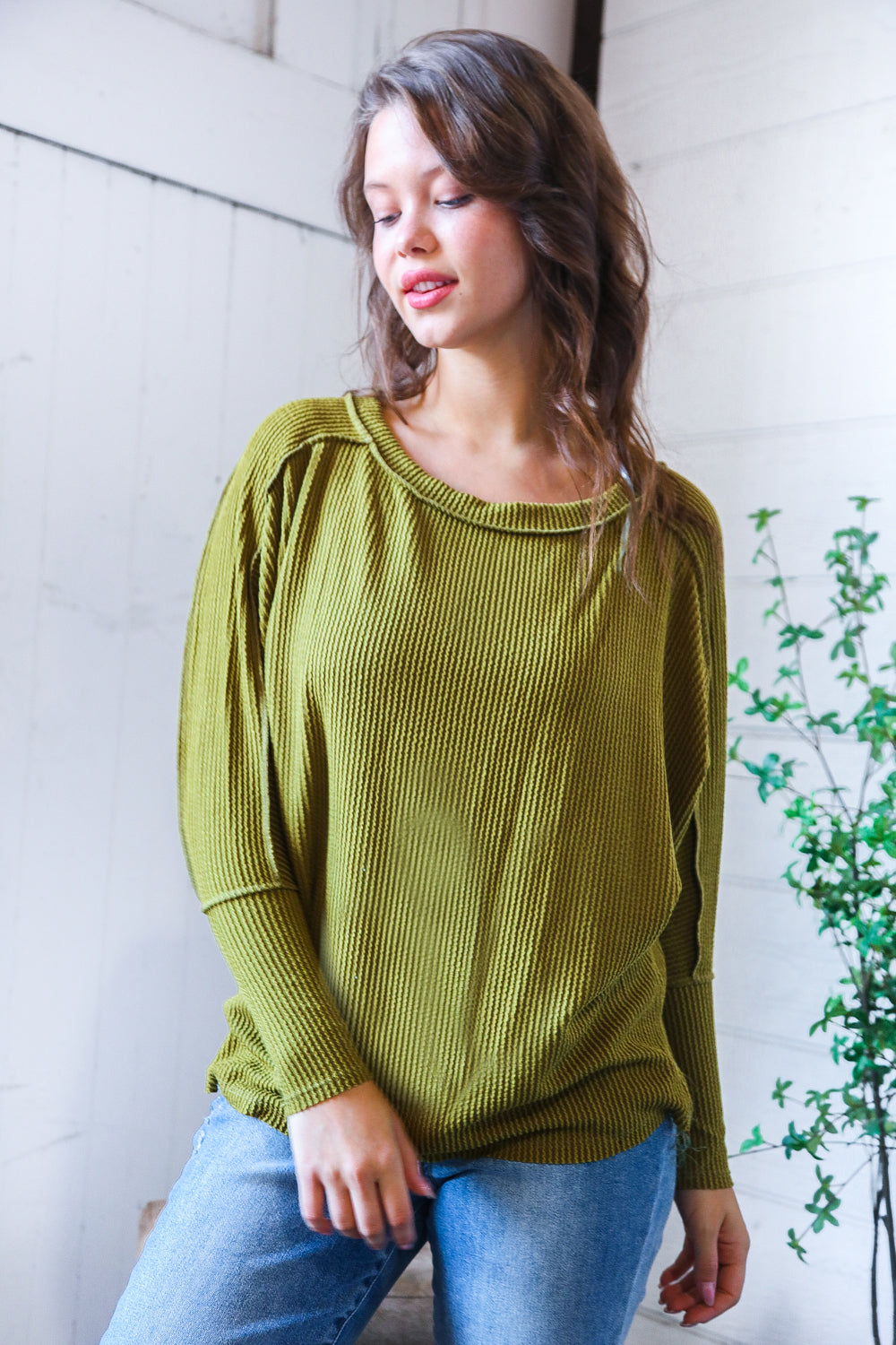 Meet You at the Bookstore Olive Ribbed Long Sleeve