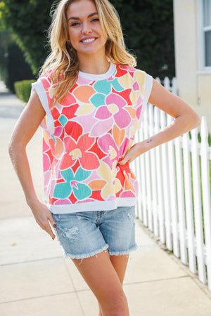 Beautiful You Coral Multicolor Floral Rib Dolman Sleeve Top