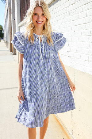 Beautiful You Blue Checker Gingham Tie Front Double Ruffle Sleeve Midi Dress