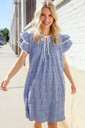 Beautiful You Blue Checker Gingham Tie Front Double Ruffle Sleeve Midi Dress