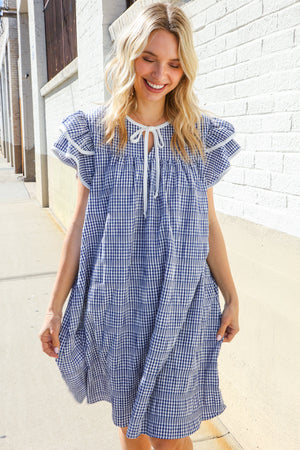 Beautiful You Blue Checker Gingham Tie Front Double Ruffle Sleeve Midi Dress