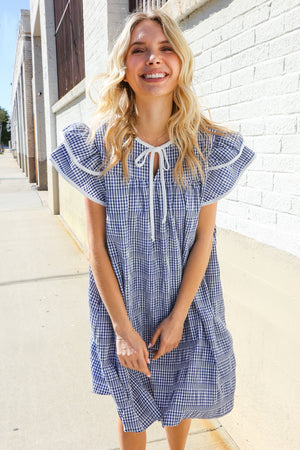 Beautiful You Blue Checker Gingham Tie Front Double Ruffle Sleeve Midi Dress