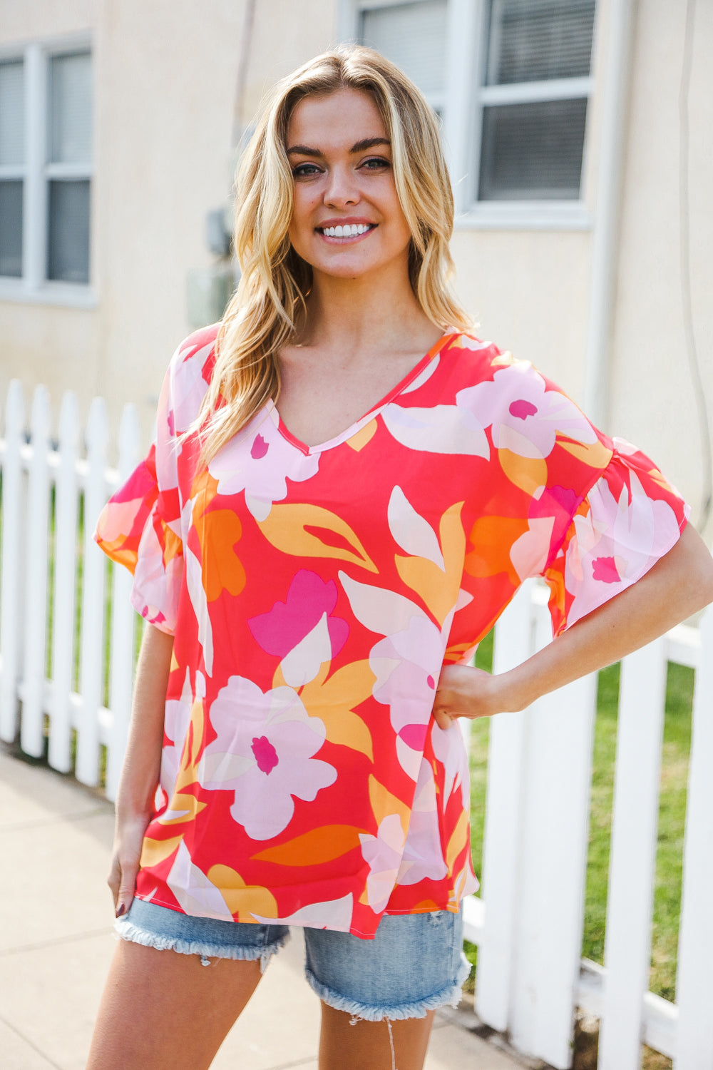 Tropical Vibes Peach Floral Dolman Ruffle Frill Sleeve Blouse