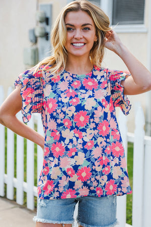 Vacay Ready Blue & Fuchsia Floral Smocked Ruffle Sleeve Top