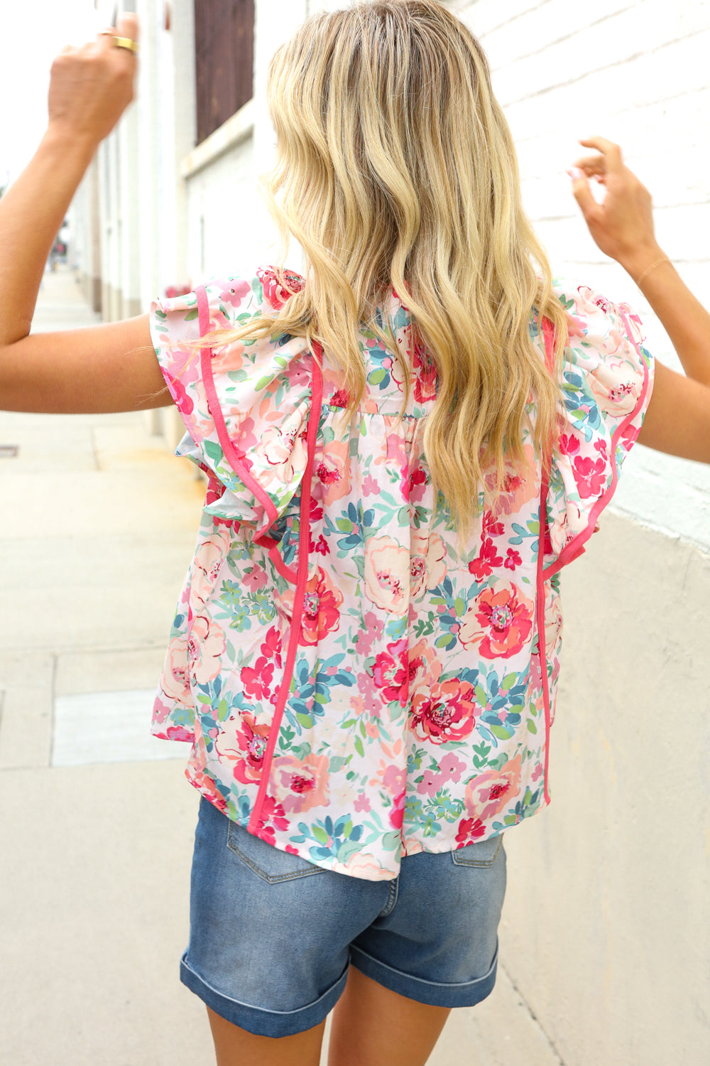 Southern Nights Pink Contrast Binding Floral Flutter Sleeve Top
