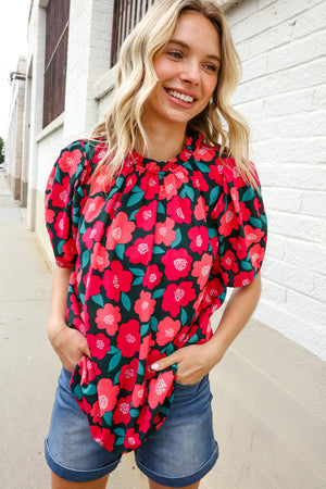 Flower Power Fuchsia Mock Frill Neck Puff Sleeve Blouse