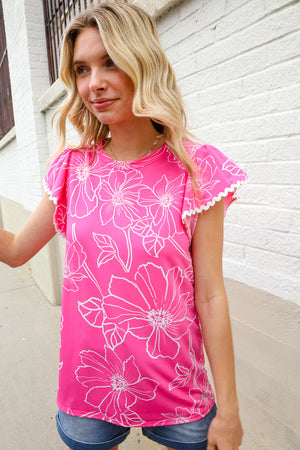 Adorable In Pink Big Floral Print Flutter Sleeve Knit Top
