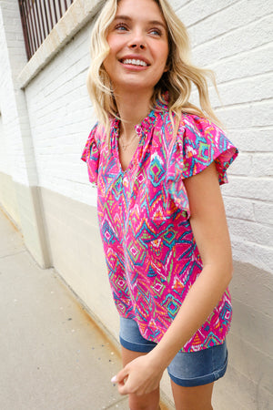 You Got This Fuchsia Abstract Print Notch Frill Neck Blouse