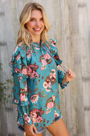 Find Love Aqua Satin Frill Neck Front Tie Ruffle Long Sleeve Blouse