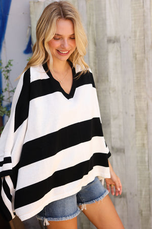The Traveler Black/White Stripe Dolman Notch Neck Sweater Poncho