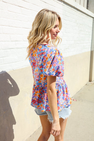 Follow Me Blue/Coral Floral Print Bow Tie Puff Sleeve Babydoll Top