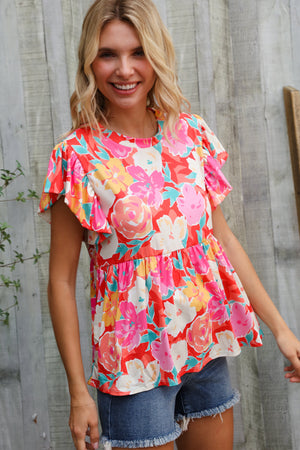 Feeling Femme' Coral Floral Print Folded Short Sleeve Babydoll Top