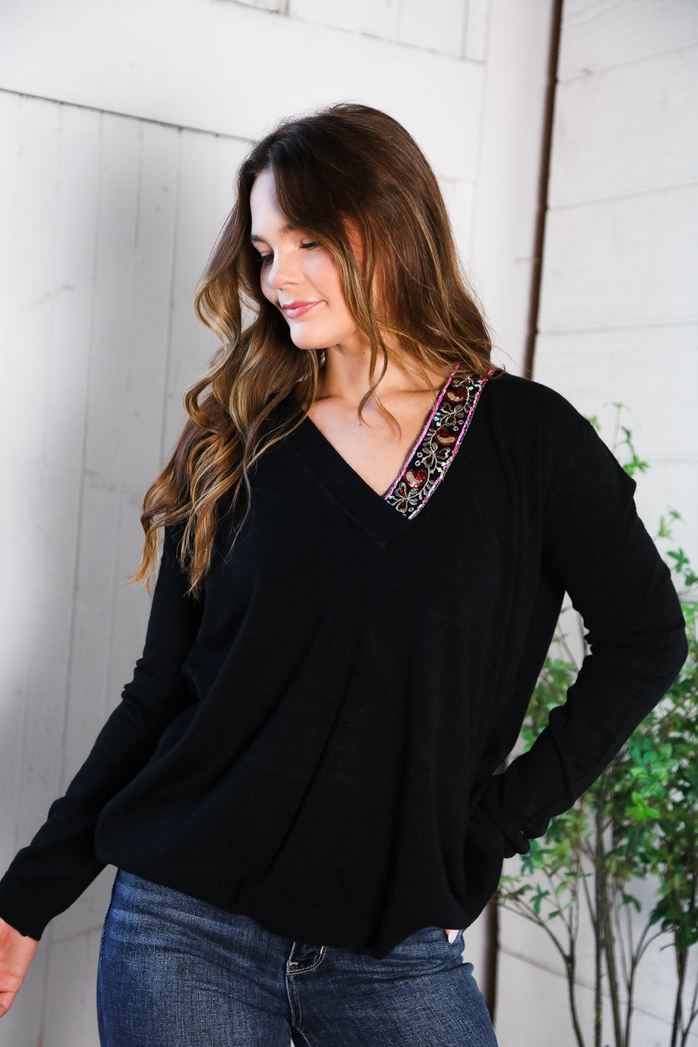 Twilight Charms Beaded V Neck Sweater
