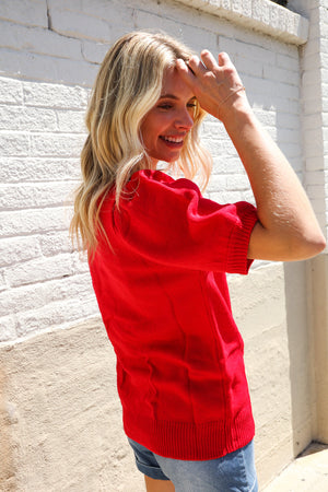 Patriotic USA Red Knit Embroidery Puff Sleeve Sweater Top