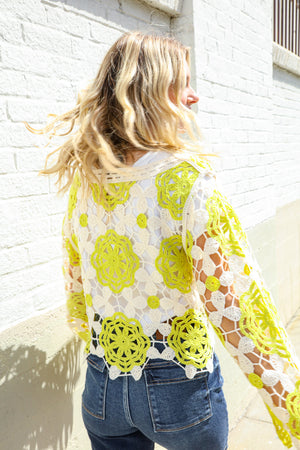 Boho Vibes Ivory/Lime Hand Crochet Scalloped Long Sleeve Top