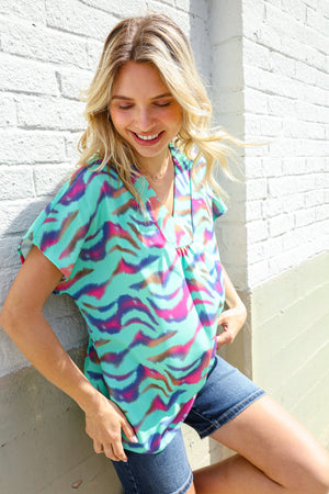 Hello Beautiful Mint Wavy Animal Print Banded V Neck Top