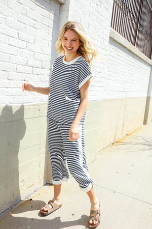 Casual Chic French Terry Navy & White Stripe Track Pants