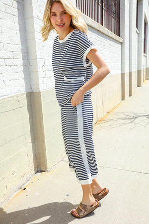 Casual Chic French Terry Navy & White Stripe Track Pants