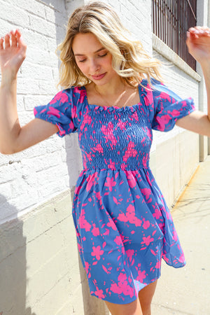 Dazzle in Bright Blue Floral Smocked Yoke Short Sleeve Dress