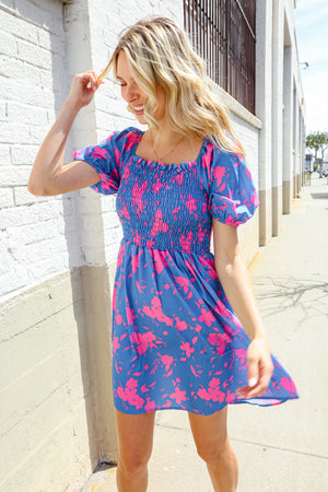 Dazzle in Bright Blue Floral Smocked Yoke Short Sleeve Dress