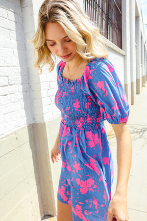 Dazzle in Bright Blue Floral Smocked Yoke Short Sleeve Dress
