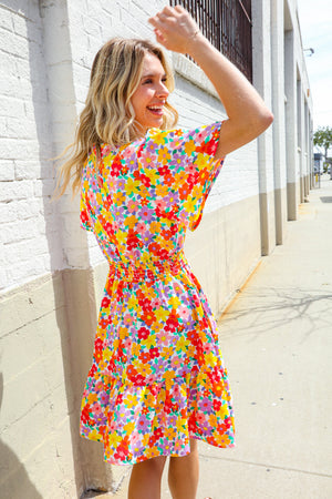 Spring Vibes Coral Notch Neck Smocked Waist Ruffle Hem Dress