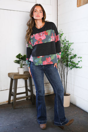 Cottage Roses Charcoal Color Block Long Sleeve