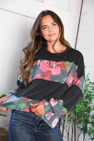 Cottage Roses Charcoal Color Block Long Sleeve
