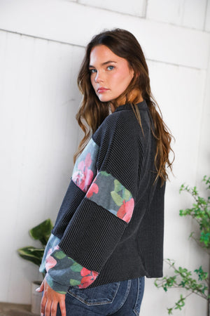 Cottage Roses Charcoal Color Block Long Sleeve