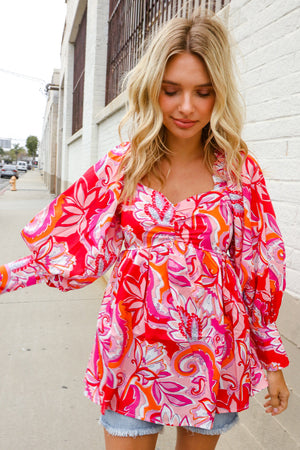 All For You Red Silky Floral Print Sweetheart Neck Long Sleeve Blouse