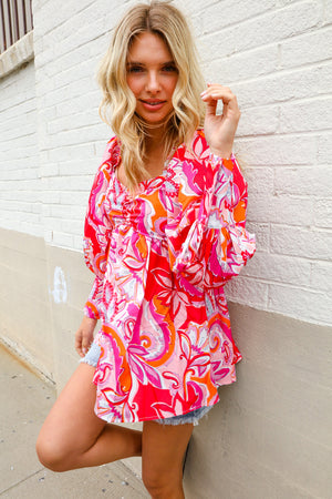 All For You Red Silky Floral Print Sweetheart Neck Long Sleeve Blouse
