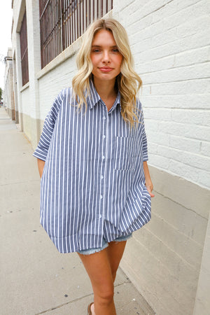 Put Together Blue & White Stripe Button-Down Dolman Sleeve Blouse