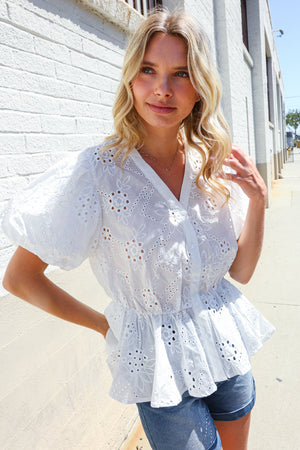 Feeling Femme White Cotton Eyelet Babydoll Button Down Top