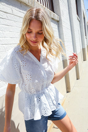 Feeling Femme White Cotton Eyelet Babydoll Button Down Top