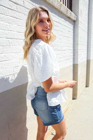 Feeling Femme White Cotton Eyelet Babydoll Button Down Top